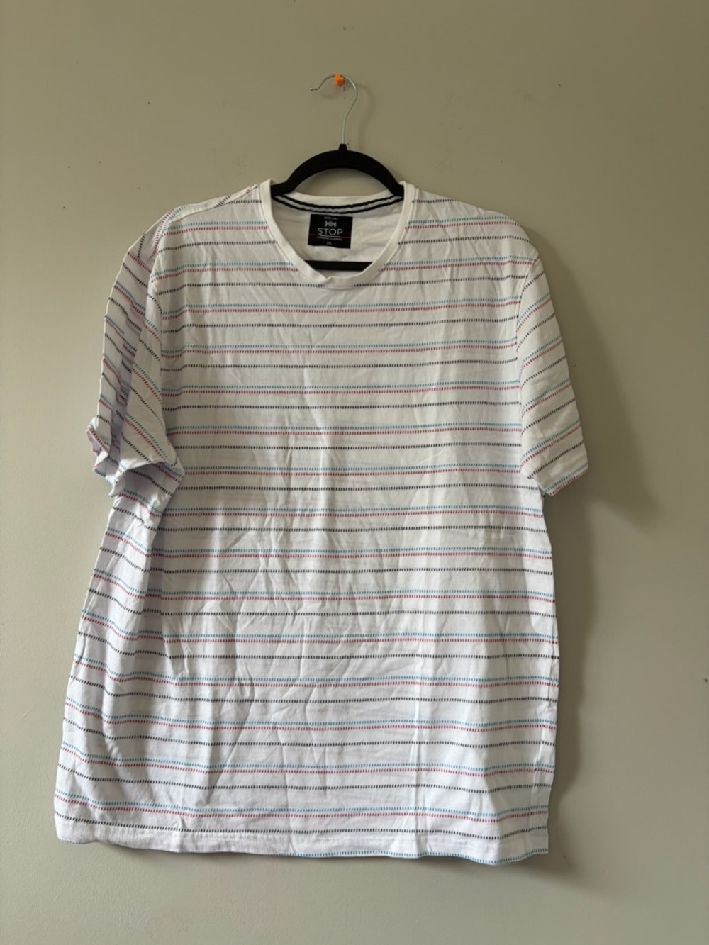 White Crewneck T-Shirt with Thin Multicolor Stripes